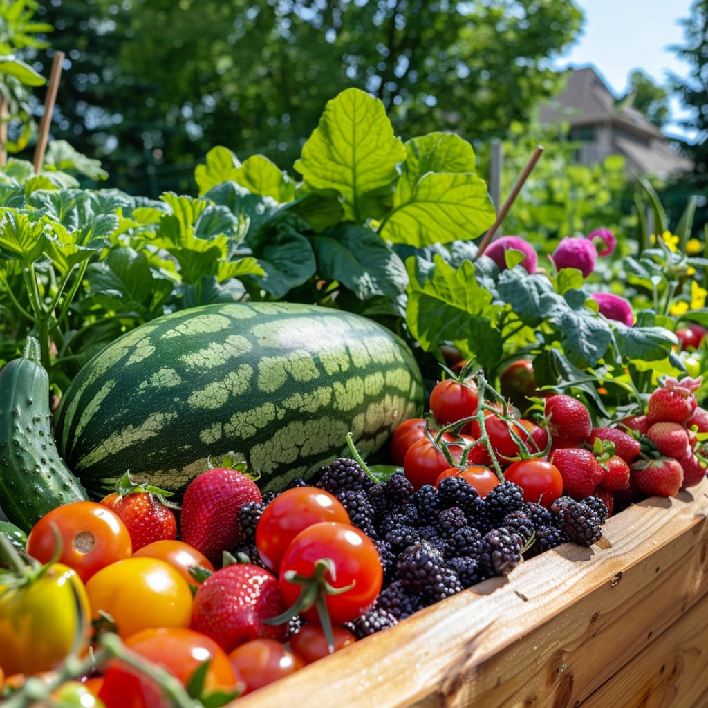 Raised garden bed with fruits and veggies piled up after a harvest